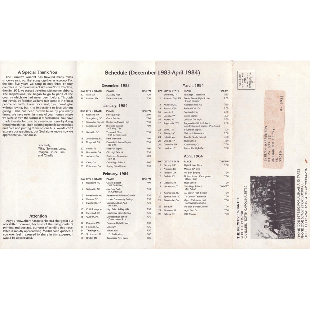Vintage 1983-1984 The Primitive Quartet Gospel Music Newsletter Tour Schedule - Picture 2 of 2